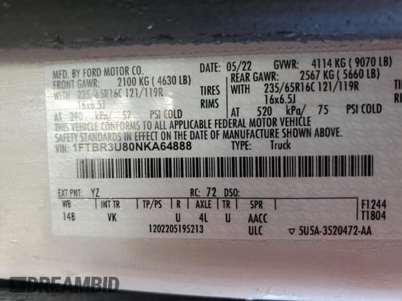 ✅ 2022 Ford Transit Cargo • VIN: 1FTBR3U80NKA64888 • Lot: 83809614. Listed on Copart with 75,978 mi. Free auction sales archive from the USA and detailed vehicle history report at DreamBid. Image 13.