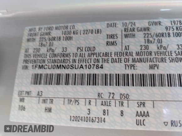 ✅ 2025 Ford Escape ST-Line • VIN: 1FMCU0MN0SUA10784 • Lot: 43294313. Listed on IAAI with 19,656 mi. Free auction sales archive from the USA and detailed vehicle history report at DreamBid. Image 9.