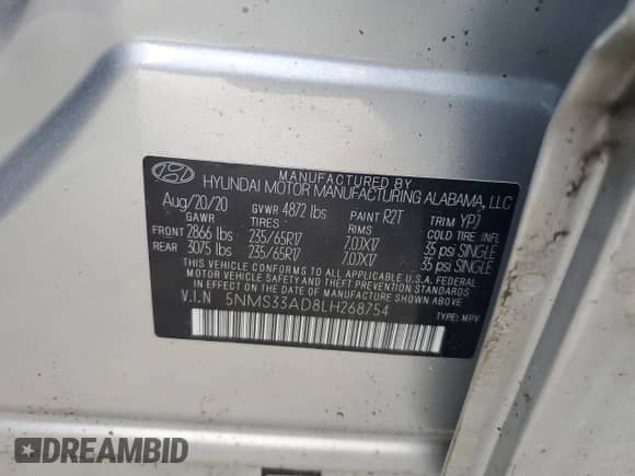 2020 Hyundai Santa Fe SEL с VIN 5NMS33AD8LH268754, выставлен на аукционе Copart как лот 67444755 с пробегом Не указан миль и Списание • Salvage title. История ставок и продаж доступна на DreamBid. Изображение 13.