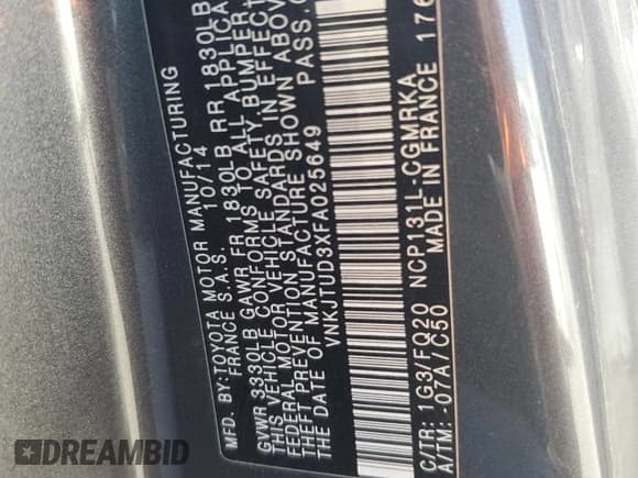 ✅ 2015 Toyota Yaris L • VIN: VNKJTUD3XFA025649 • Lot: 68392715. Wystawiony na Copart z przebiegiem 56 343 mil. Bezpłatny archiwum sprzedaży aukcyjnych z USA i szczegółowy raport historii pojazdu na DreamBid. Zdjęcie 13.