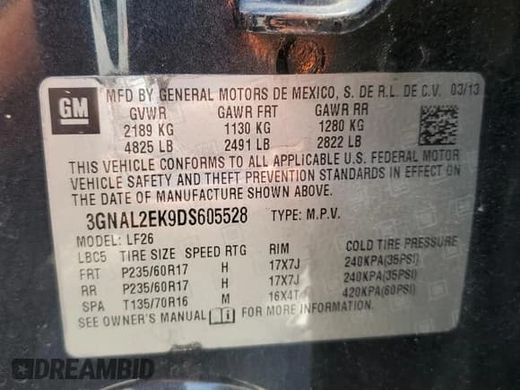 ✅ 2013 Chevrolet Captiva Sport LS • VIN: 3GNAL2EK9DS605528 • Lot: 58251905. Wystawiony na Copart z przebiegiem Nie podano. Bezpłatny archiwum sprzedaży aukcyjnych z USA i szczegółowy raport historii pojazdu na DreamBid. Zdjęcie 13.
