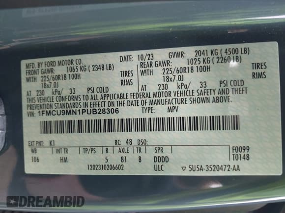 ✅ 2023 Ford Escape ST-Line • VIN: 1FMCU9MN1PUB28306 • Лот: 43306107. Опубликован ранее на IAAI с пробегом 16 170 миль. Бесплатный доступ к архиву аукционных продаж из США и подробный отчёт об истории автомобиля на DreamBid. Изображение 9.