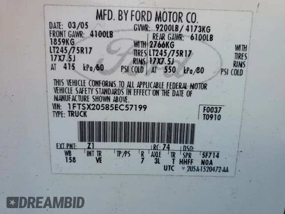 ✅ 2005 Ford F-250 XL • VIN: 1FTSX20585EC57199 • Lot: 82987014. Wystawiony na Copart z przebiegiem 95 873 mil. Bezpłatny archiwum sprzedaży aukcyjnych z USA i szczegółowy raport historii pojazdu na DreamBid. Zdjęcie 12.