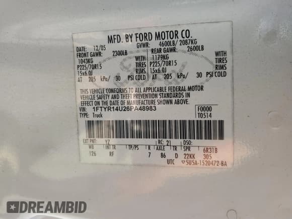 ✅ 2006 Ford Ranger XL • VIN: 1FTYR14U26PA48983 • Lot: 86872445. Listed on Copart with 57,315 mi. Free auction sales archive from the USA and detailed vehicle history report at DreamBid. Image 12.