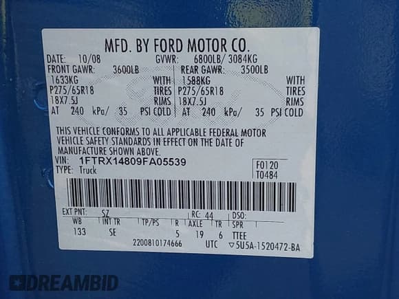 ✅ 2009 Ford F-150 STX • VIN: 1FTRX14809FA05539 • Lot: 43324601. Listed on IAAI with 185,988 mi. Free auction sales archive from the USA and detailed vehicle history report at DreamBid. Image 9.