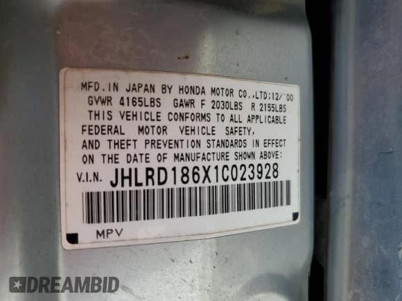 ✅ 2001 Honda CR-V EX • VIN: JHLRD186X1C023928 • Lot: 80276405. Listed on Copart with 231,218 mi. Free auction sales archive from the USA and detailed vehicle history report at DreamBid. Image 12.