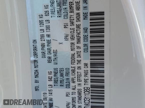 ✅ 2019 Mazda MX-5 Miata Sport • VIN: JM1NDAB7XK0311089 • Lot: 75817304. Listed on Copart with Not provided. Free auction sales archive from the USA and detailed vehicle history report at DreamBid. Image 13.