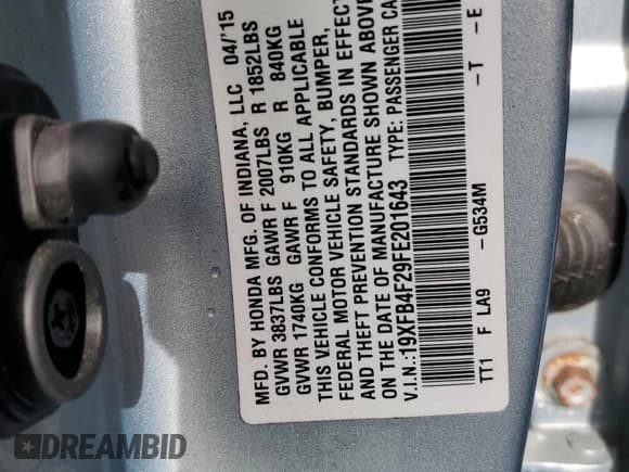 ✅ 2015 Honda Civic • VIN: 19XFB4F29FE201643 • Лот: 71477365. Опубликован ранее на Copart с пробегом 123 433 миль. Бесплатный доступ к архиву аукционных продаж из США и подробный отчёт об истории автомобиля на DreamBid. Изображение 12.