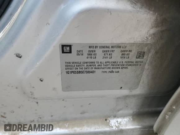 2014 Chevrolet Cruze 2LT с VIN 1G1PE5SB5E7389401, выставлен на аукционе Copart как лот 61292535 с пробегом 174 774 миль миль и Списание • Salvage title. История ставок и продаж доступна на DreamBid. Изображение 12.