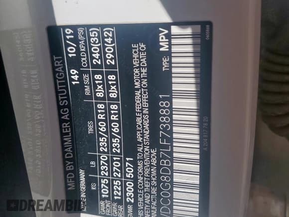 ✅ 2020 Mercedes-Benz GLC 300 • VIN: WDC0G8DB7LF738881 • Lot: 81288525. Listed on Copart with 87,461 mi. Free auction sales archive from the USA and detailed vehicle history report at DreamBid. Image 13.