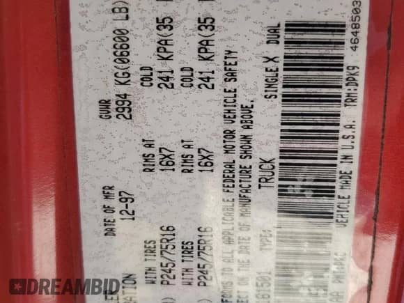 1998 Dodge 1500 with VIN 1B7HF13Z7WJ161501, listed as a Copart auction lot 73639764 with Not provided miles and Salvage title. Bid and sale history available at DreamBid. Image 12.