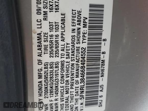 ✅ 2006 Honda Odyssey EX • VIN: 5FNRL38466B404552 • Lot: 92249565. Listed on Copart with 267,733 mi. Free auction sales archive from the USA and detailed vehicle history report at DreamBid. Image 13.