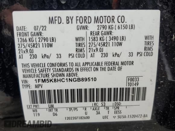 ✅ 2022 Ford Explorer Platinum • VIN: 1FM5K8HC1NGB89510 • Лот: 63789015. Опубликован ранее на Copart с пробегом 39 447 миль. Бесплатный доступ к архиву аукционных продаж из США и подробный отчёт об истории автомобиля на DreamBid. Изображение 13.