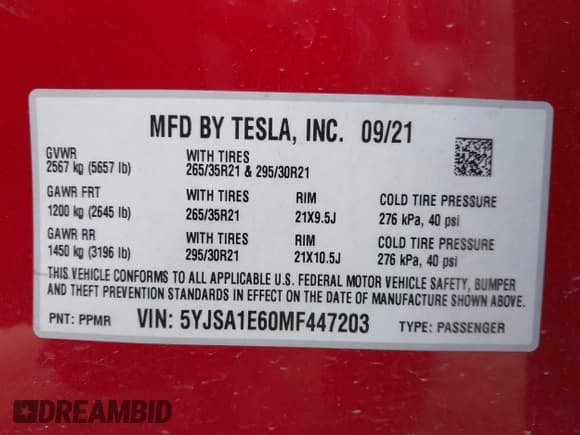 ✅ 2021 Tesla Model S Plaid • VIN: 5YJSA1E60MF447203 • Lot: 42025120. Listed on IAAI with 58,190 mi. Free auction sales archive from the USA and detailed vehicle history report at DreamBid. Image 9.