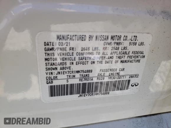 ✅ 2021 Infiniti Q50 Signature Edition • VIN: JN1EV7CR1MM754889 • Lot: 60595224. Listed on Copart with 29,087 mi. Free auction sales archive from the USA and detailed vehicle history report at DreamBid. Image 14.