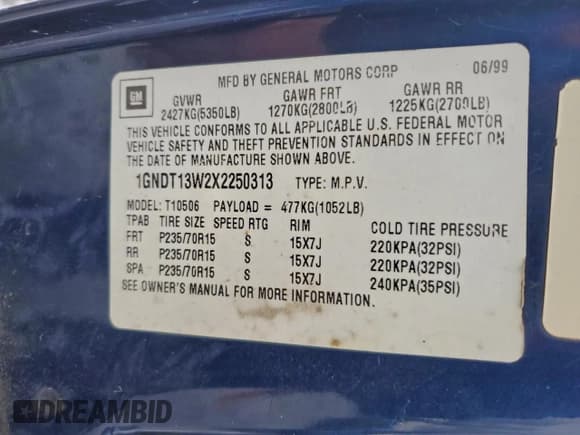 ✅ 1999 Chevrolet Blazer LS • VIN: 1GNDT13W2X2250313 • Lot: 95265575. Listed on Copart with 286,972 mi. Free auction sales archive from the USA and detailed vehicle history report at DreamBid. Image 13.