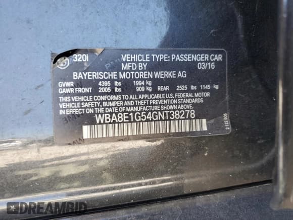 ✅ 2016 BMW 3 Series 320i • VIN: WBA8E1G54GNT38278 • Lot: 85127665. Listed on Copart with 139,466 mi. Free auction sales archive from the USA and detailed vehicle history report at DreamBid. Image 12.