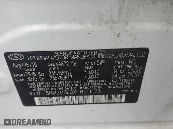 2017 Hyundai Santa Fe 2.4L с VIN 5NMZU3LBXHH011173, выставлен на аукционе Copart как лот 90112645 с пробегом 112 815 миль миль и Списание • Salvage title. История ставок и продаж доступна на DreamBid. Изображение 13.