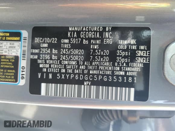 ✅ 2023 Kia Telluride S • VIN: 5XYP6DGC5PG353181 • Lot: 66610245. Listed on Copart with 51,703 mi. Free auction sales archive from the USA and detailed vehicle history report at DreamBid. Image 13.