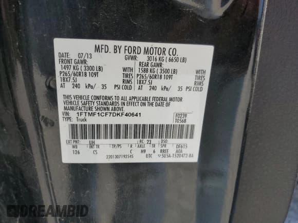 ✅ 2013 Ford F-150 XL • VIN: 1FTMF1CF7DKF40641 • Lot: 64767595. Wystawiony na Copart z przebiegiem Nie podano. Bezpłatny archiwum sprzedaży aukcyjnych z USA i szczegółowy raport historii pojazdu na DreamBid. Zdjęcie 12.