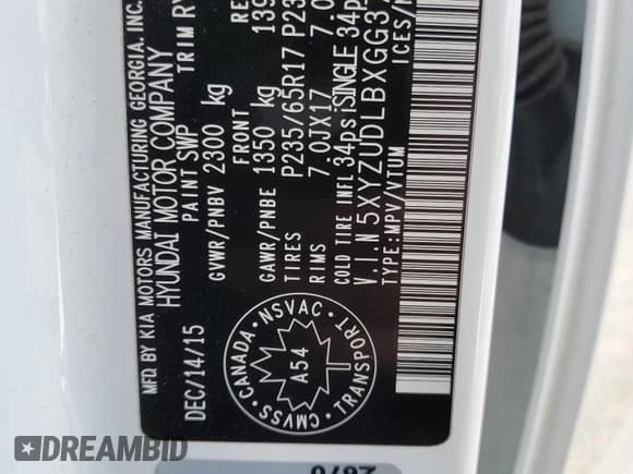 ✅ 2016 Hyundai Santa Fe • VIN: 5XYZUDLBXGG378671 • Lot: 71677585. Listed on Copart with 128,468 mi. Free auction sales archive from the USA and detailed vehicle history report at DreamBid. Image 13.