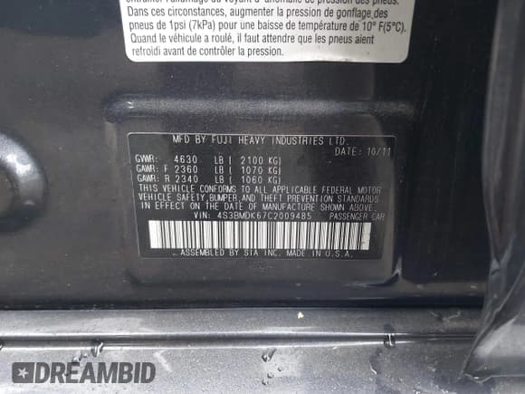 ✅ 2012 Subaru Legacy Limited • VIN: 4S3BMDK67C2009485 • Lot: 43532418. Listed on IAAI with 229,658 mi. Free auction sales archive from the USA and detailed vehicle history report at DreamBid. Image 9.