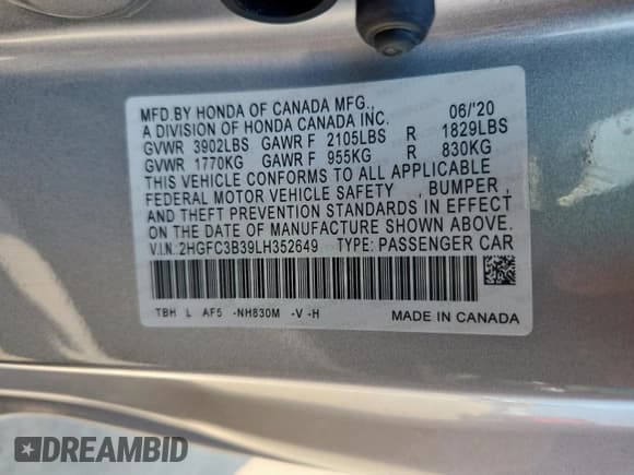 ✅ 2020 Honda Civic EX • VIN: 2HGFC3B39LH352649 • Лот: 70232575. Опубликован ранее на Copart с пробегом 61 442 миль. Бесплатный доступ к архиву аукционных продаж из США и подробный отчёт об истории автомобиля на DreamBid. Изображение 13.