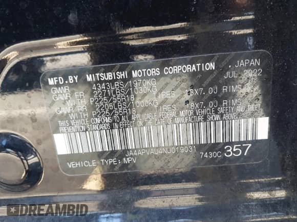 2022 Mitsubishi Outlander SE with VIN JA4APVAU4NU019031, listed as a IAAI auction lot 43127291 with 58,673 mi miles and . Bid and sale history available at DreamBid. Image 9.