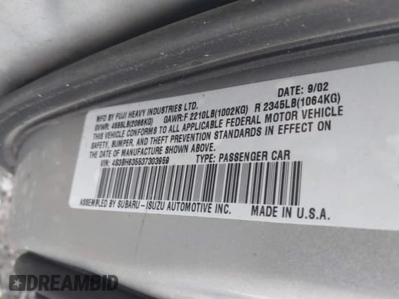 ✅ 2003 Subaru Legacy L • VIN: 4S3BH635537303959 • Lot: 42401141. Listed on IAAI with 213,732 mi. Free auction sales archive from the USA and detailed vehicle history report at DreamBid. Image 9.