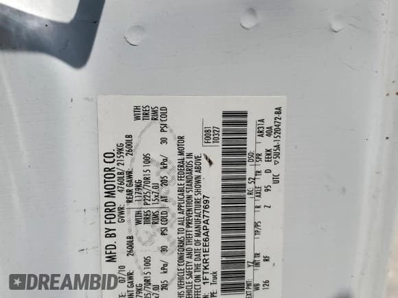 ✅ 2010 Ford Ranger XL • VIN: 1FTKR1EE6APA77697 • Lot: 80729065. Listed on Copart with 198,592 mi. Free auction sales archive from the USA and detailed vehicle history report at DreamBid. Image 12.