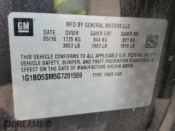 2016 Chevrolet Cruze LT с VIN 1G1BD5SM5G7281569, выставлен на аукционе Copart как лот 49087535 с пробегом Не указан миль и Списание • Salvage title. История ставок и продаж доступна на DreamBid. Изображение 13.