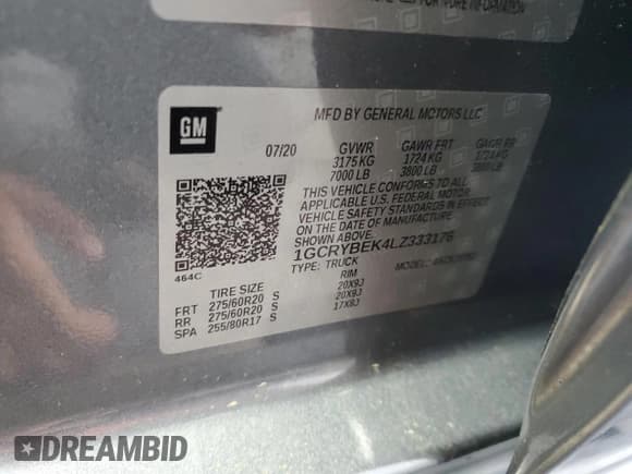 ✅ 2020 Chevrolet Silverado 1500 Custom • VIN: 1GCRYBEK4LZ333176 • Lot: 58762645. Listed on Copart with 123,276 mi. Free auction sales archive from the USA and detailed vehicle history report at DreamBid. Image 12.