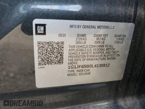 2020 Chevrolet Sonic Premier with VIN 1G1JF6SB0L4135912, listed as a Copart auction lot 76198844 with 20,863 mi miles and Salvage title. Bid and sale history available at DreamBid. Image 12.