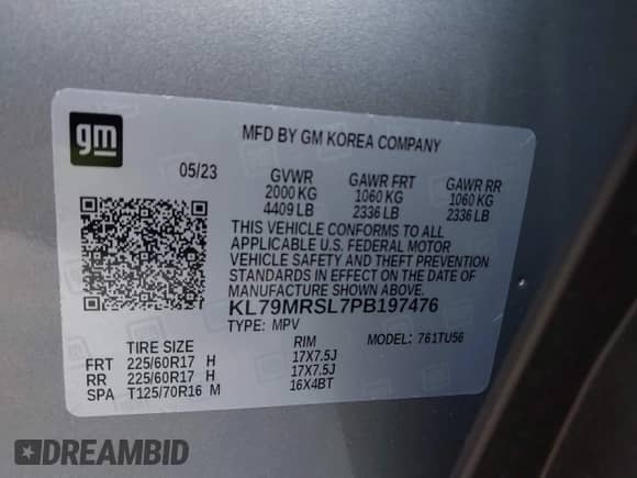 2023 Chevrolet TrailBlazer LT с VIN KL79MRSL7PB197476, выставлен на аукционе IAAI как лот 43267388 с пробегом 1 301 миль миль и . История ставок и продаж доступна на DreamBid. Изображение 9.