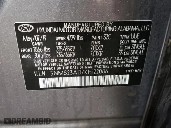 ✅ 2019 Hyundai Santa Fe SE • VIN: 5NMS23AD7KH122086 • Lot: 41953443. Wystawiony na Copart z przebiegiem 37 337 mil. Bezpłatny archiwum sprzedaży aukcyjnych z USA i szczegółowy raport historii pojazdu na DreamBid. Zdjęcie 13.