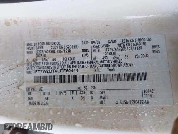 ✅ 2020 Ford F-250 XL • VIN: 1FT7W2BT6LEE59444 • Lot: 42146901. Listed on IAAI with Not provided. Free auction sales archive from the USA and detailed vehicle history report at DreamBid. Image 9.