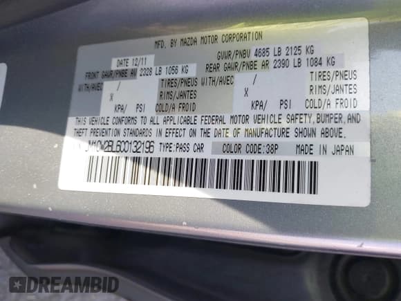 ✅ 2012 Mazda 5 Sport • VIN: JM1CW2BL6C0132196 • Lot: 43731507. Listed on IAAI with 250,136 mi. Free auction sales archive from the USA and detailed vehicle history report at DreamBid. Image 9.