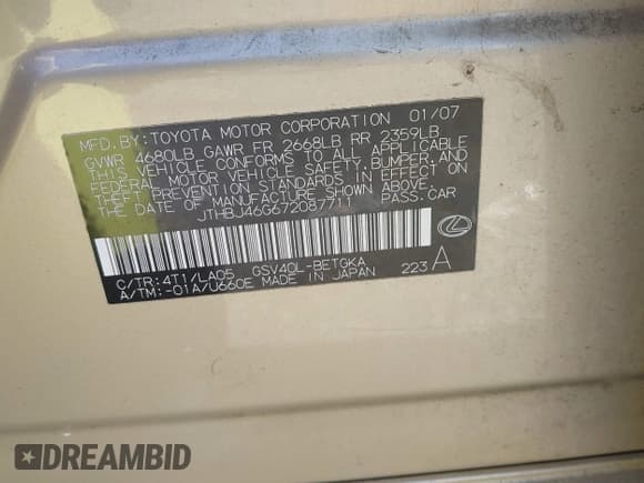 ✅ 2007 Lexus ES 330 • VIN: JTHBJ46G672087711 • Лот: 43202267. Опубликован ранее на IAAI с пробегом 241 821 миль. Бесплатный доступ к архиву аукционных продаж из США и подробный отчёт об истории автомобиля на DreamBid. Изображение 9.