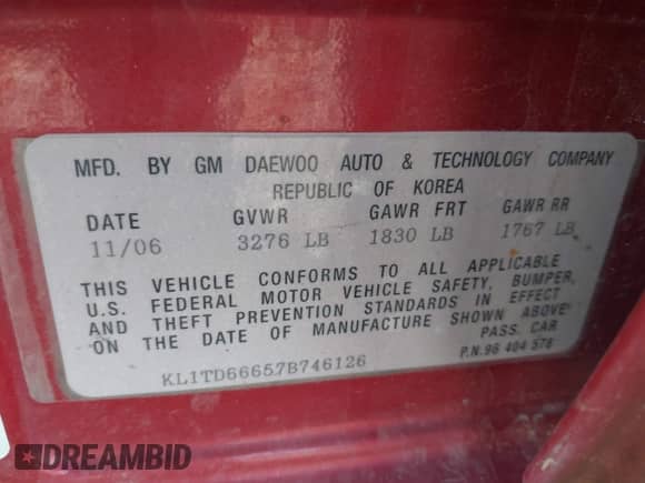 2007 Chevrolet Aveo LS с VIN KL1TD66657B746126, выставлен на аукционе IAAI как лот 41937716 с пробегом 163 793 миль миль и . История ставок и продаж доступна на DreamBid. Изображение 9.