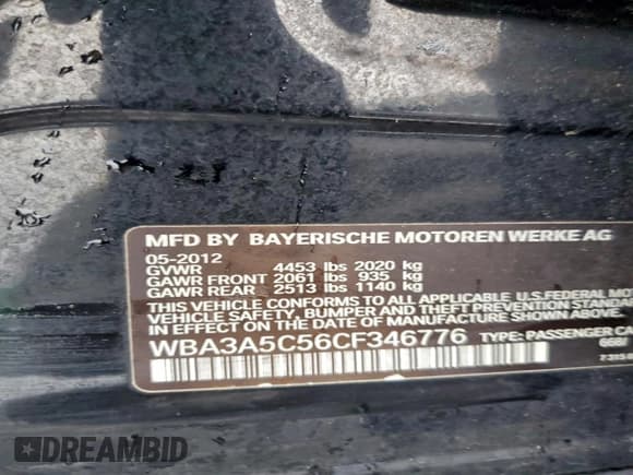 ✅ 2012 BMW 3 Series 328i • VIN: WBA3A5C56CF346776 • Lot: 94331755. Listed on Copart with Not provided. Free auction sales archive from the USA and detailed vehicle history report at DreamBid. Image 12.