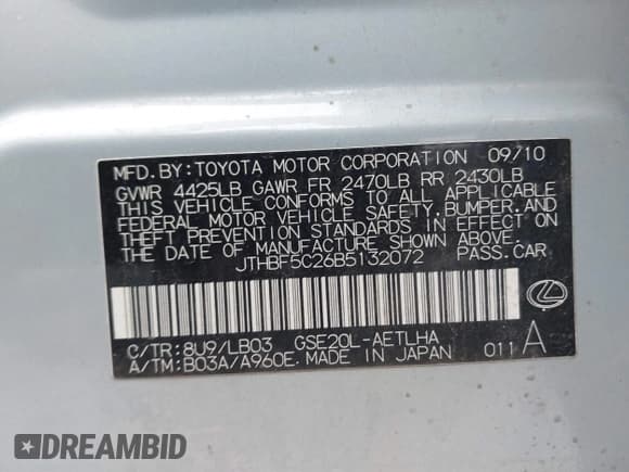 ✅ 2011 Lexus IS 250 • VIN: JTHBF5C26B5132072 • Lot: 41428954. Listed on IAAI with 158,335 mi. Free auction sales archive from the USA and detailed vehicle history report at DreamBid. Image 9.