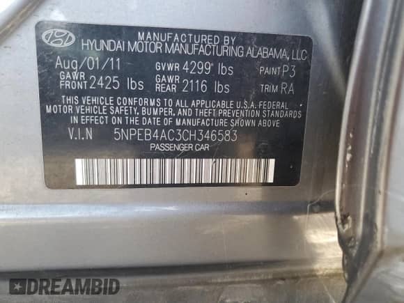 2012 Hyundai Sonata GLS with VIN 5NPEB4AC3CH346583, listed as a Copart auction lot 89562225 with 196,197 mi miles and Salvage title. Bid and sale history available at DreamBid. Image 12.