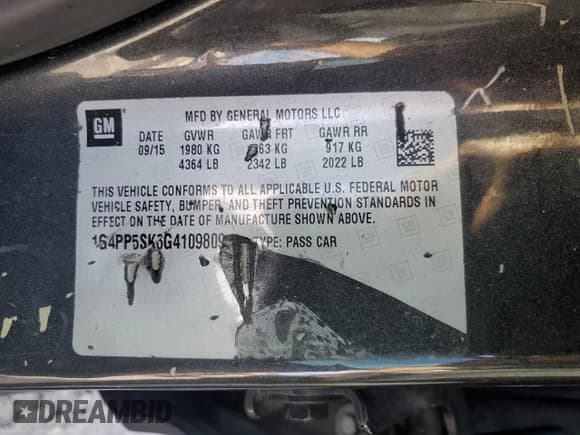 ✅ 2016 Buick Verano • VIN: 1G4PP5SK6G4109809 • Лот: 82332975. Опубликован ранее на Copart с пробегом 93 308 миль. Бесплатный доступ к архиву аукционных продаж из США и подробный отчёт об истории автомобиля на DreamBid. Изображение 12.