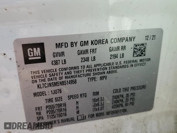 ✅ 2022 Chevrolet Trax LS • VIN: KL7CJNSM5NB514958 • Лот: 81867715. Опубликован ранее на Copart с пробегом 59 404 миль. Бесплатный доступ к архиву аукционных продаж из США и подробный отчёт об истории автомобиля на DreamBid. Изображение 13.