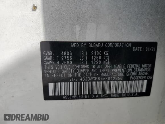 ✅ 2021 Subaru Legacy Touring XT • VIN: 4S3BWGP67M3012256 • Lot: 53285855. Listed on Copart with Not provided. Free auction sales archive from the USA and detailed vehicle history report at DreamBid. Image 13.