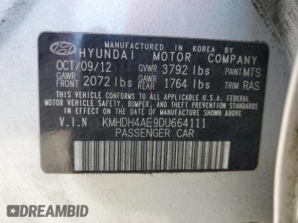 ✅ 2013 Hyundai Elantra Limited • VIN: KMHDH4AE9DU664111 • Lot: 85324685. Listed on Copart with 120,617 mi. Free auction sales archive from the USA and detailed vehicle history report at DreamBid. Image 13.