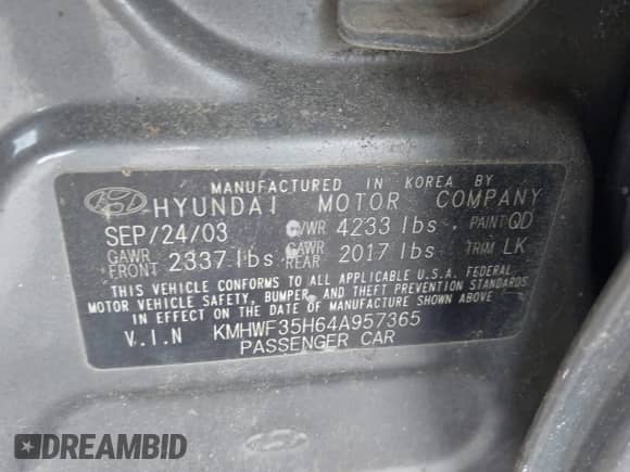 2004 Hyundai Sonata GLS с VIN KMHWF35H64A957365, выставлен на аукционе IAAI как лот 42150369 с пробегом 247 348 миль миль и . История ставок и продаж доступна на DreamBid. Изображение 9.