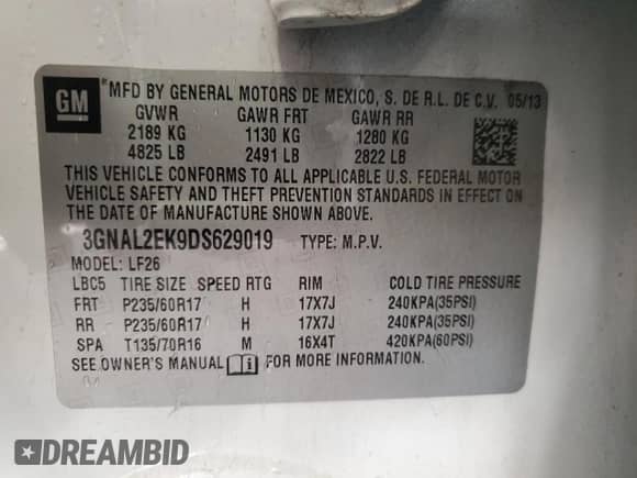 2013 Chevrolet Captiva Sport LS с VIN 3GNAL2EK9DS629019, выставлен на аукционе Copart как лот 79765884 с пробегом 97 750 миль миль и Чистый • Clean title. История ставок и продаж доступна на DreamBid. Изображение 13.