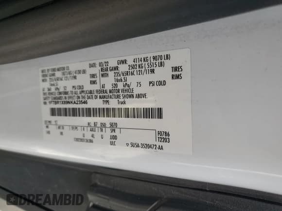 ✅ 2022 Ford Transit Cargo • VIN: 1FTBR1X89NKA23546 • Lot: 60380295. Listed on Copart with 40,573 mi. Free auction sales archive from the USA and detailed vehicle history report at DreamBid. Image 13.