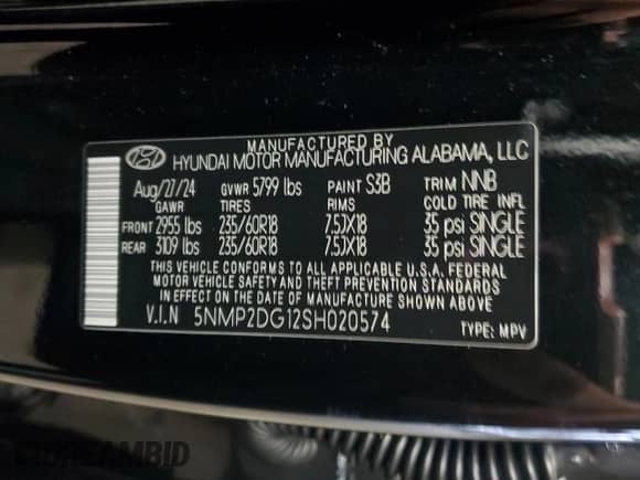 2025 Hyundai Santa Fe SEL с VIN 5NMP2DG12SH020574, выставлен на аукционе Copart как лот 51501455 с пробегом 3 889 миль миль и Списание • Salvage title. История ставок и продаж доступна на DreamBid. Изображение 14.